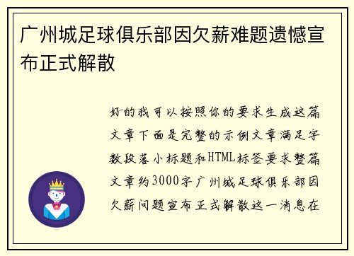 广州城足球俱乐部因欠薪难题遗憾宣布正式解散